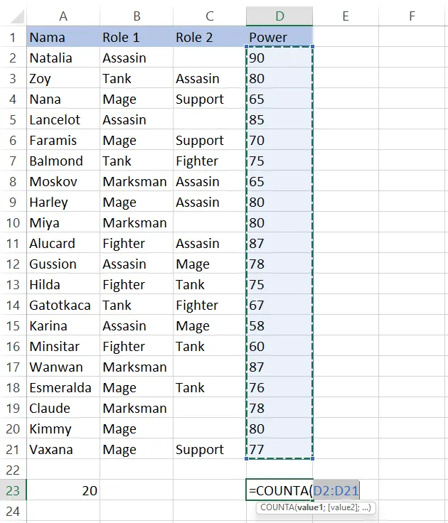 Menggunakan fungsi COUNTA untuk menghitung sel berisi angka di D2:D21 Excel