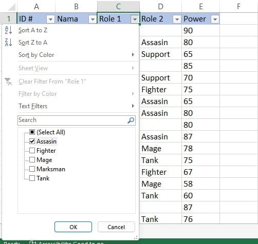Menghapus centang kecuali Assasin pada filter data Excel