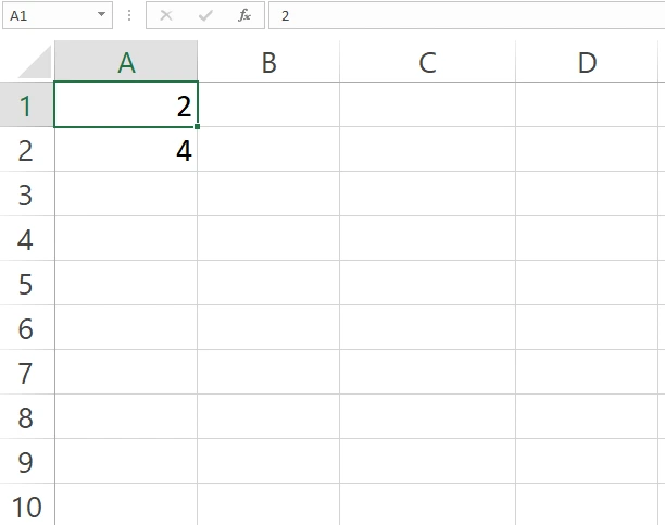 Mengisi sel A1 dengan angka 2 dan sel A2 dengan angka 4 di Excel