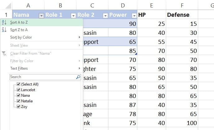 Mengklik filter pada header Nama untuk mengurutkan data dalam tabel Excel