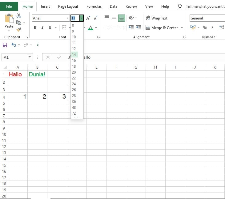 Mengubah ukuran font menggunakan Font Size di Excel