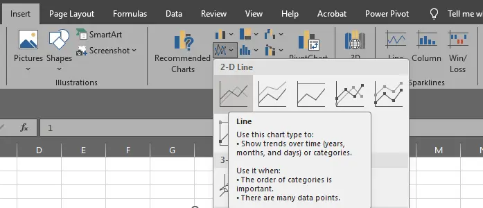 Menu Line Chart di Excel pada tab Insert