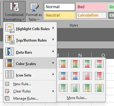 Menu Color Scales pada Conditional Formatting Excel