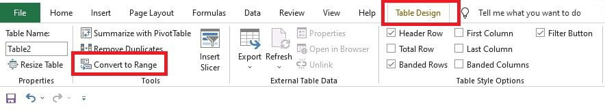 Menu Convert to Range pada tab Table Design di Excel