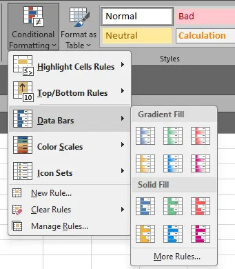 Menu Data Bars pada Conditional Formatting Excel