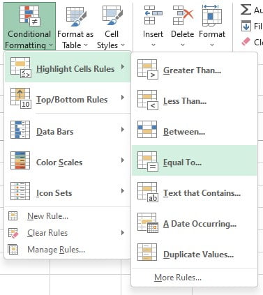 Menu Highlight Cell Rules Equal To pada Conditional Formatting Excel