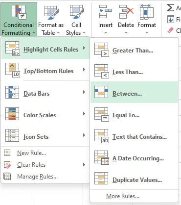 Menu Highlight Cell Rules Between pada Conditional Formatting Excel