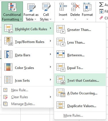 Menu Highlight Cell Rules Text That Contains di Conditional Formatting Excel