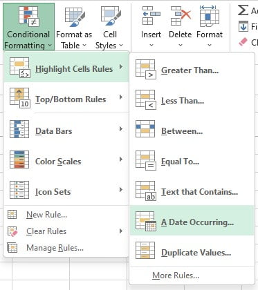 Menu Highlight Cell Rules A Date Occurring di Conditional Formatting Excel