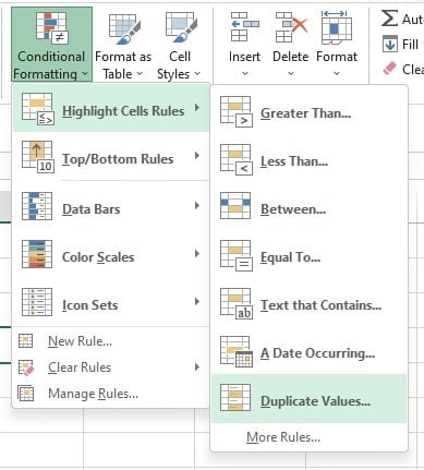 Menu Highlight Cell Rules Duplicate Values pada Conditional Formatting Excel