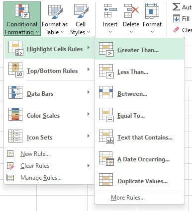 Menu Highlight Cell Rules Greater Than pada Conditional Formatting Excel