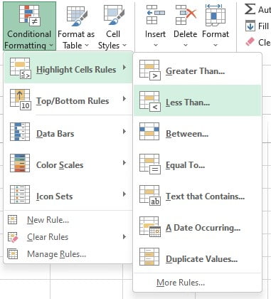 Menu Highlight Cell Rules Less Than pada Conditional Formatting Excel
