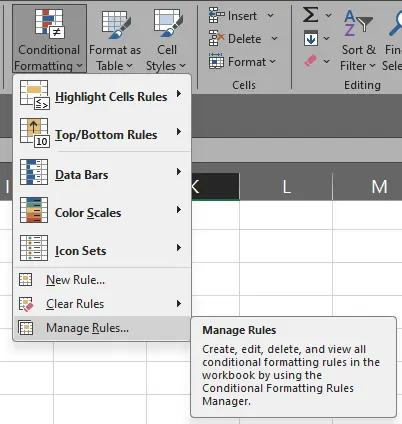 Tampilan menu Manage Rules pada Conditional Formatting Excel