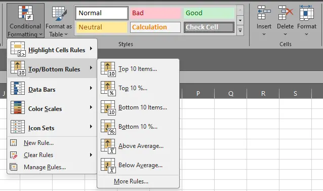Menu pemformatan bersyarat Top Bottom Rules di Excel
