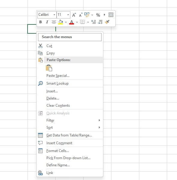 Menu pemformatan mini saat klik kanan sel di Excel