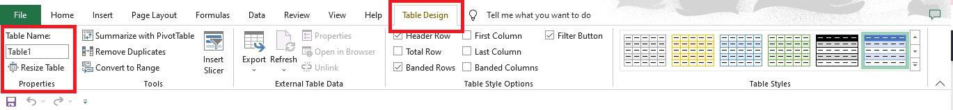Menemukan dan mengganti nama tabel pada tab Table Design di Excel