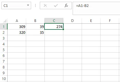 Hasil rumus =A1-B2 pada sel C1 Excel