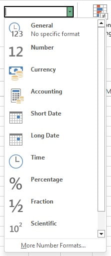 Dropdown format number di Excel menampilkan berbagai pilihan format angka