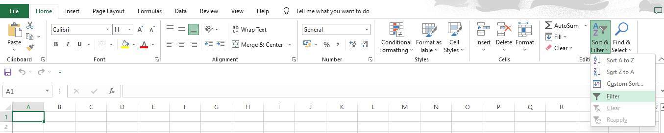 Letak menu Filter pada Ribbon Excel untuk mengaktifkan fitur filter data