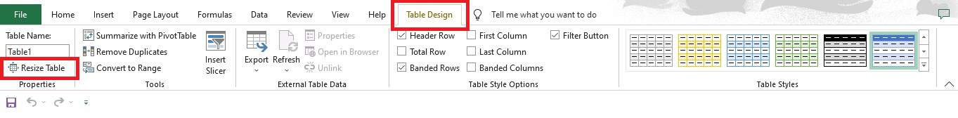 Menu Resize Table pada Ribbon tab Table Design di Excel