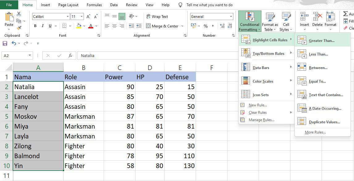 Memilih menu Greater Than untuk teks pada Excel