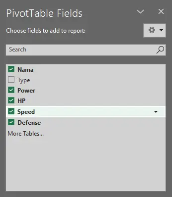 Panel PivotTable Fields pada Excel
