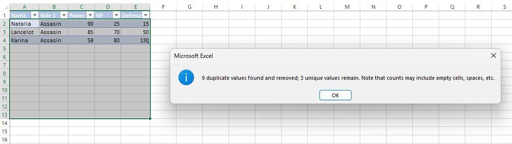 Peringatan setelah menekan OK saat proses remove duplicates di Excel