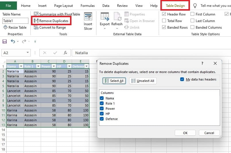Popup dialog Remove Duplicates pada Excel untuk memilih kolom yang akan dihapus duplikatnya