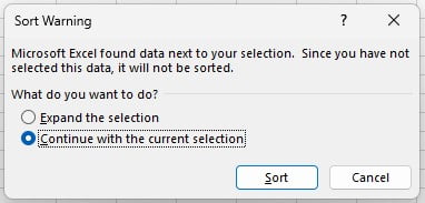 Tangkapan layar peringatan Sort Warning saat mengurutkan satu kolom di Excel