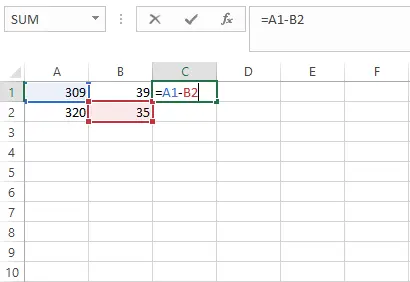 Cara mengetik langsung rumus =A1-B2 di sel C1 Excel
