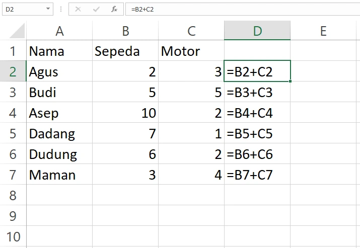 Rumus pada setiap sel D2:D7 setelah menggunakan fill dengan referensi relative di Excel