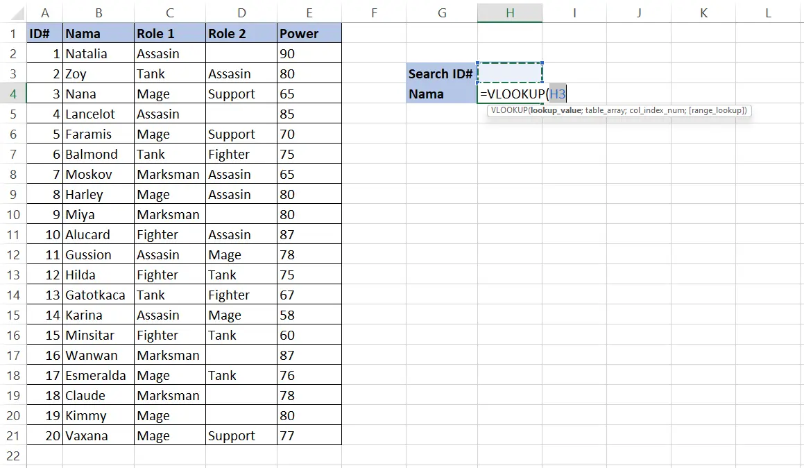 Memilih H3 sebagai lookup_value