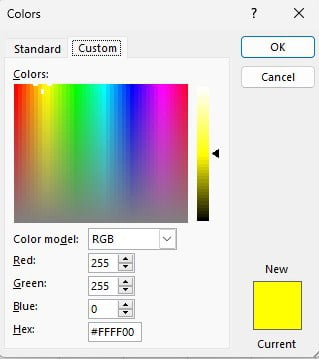 Tab custom di window warna More Colors untuk memasukkan kode HEX atau RGB di Excel