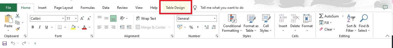 Tampilan menu Table Design di Excel untuk mengatur desain tabel