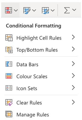 Menu Conditional Formatting di Excel yang menampilkan berbagai pilihan format bersyarat