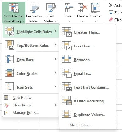 Menu Highlight Cell Rules pada Conditional Formatting di Excel