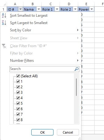 Tampilan menu opsi filter setelah mengklik dropdown di Excel