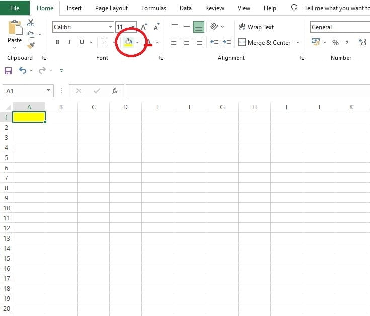 Tombol Fill Color di toolbar Excel untuk menerapkan warna sel