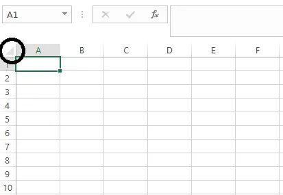 Tombol segitiga untuk memilih seluruh sel di Excel