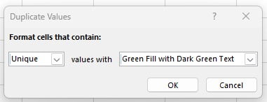 Pilih Unique dan Green Fill pada Unique Values Excel