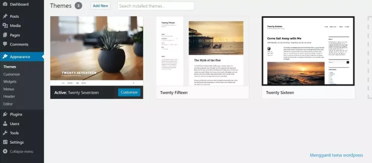 Tampilan aplikasi web wordpress