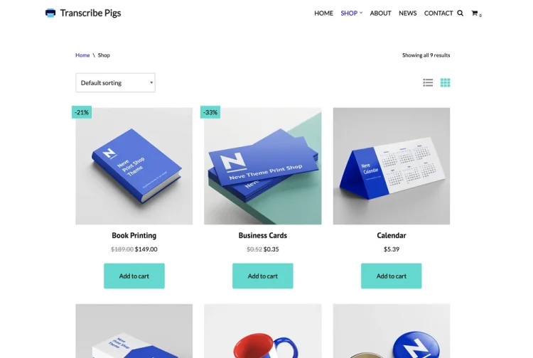 Tampilan template toko online wordpress Neve Shop