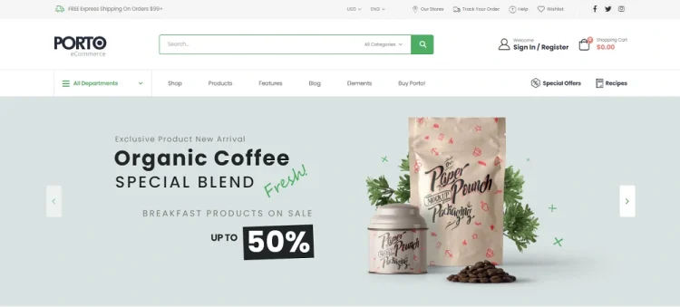 Tampilan template toko online wordpress Porto