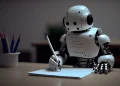 ilustrasi robot ai writer sedang menulis