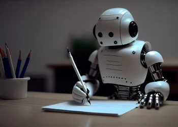 ilustrasi robot ai writer sedang menulis