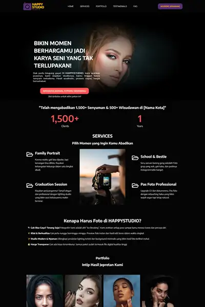 Tangkapan layar website company profile basic dengan domain happystudio.id yang pernah dibuat oleh PT Nextgen Inovasi Indonesia.