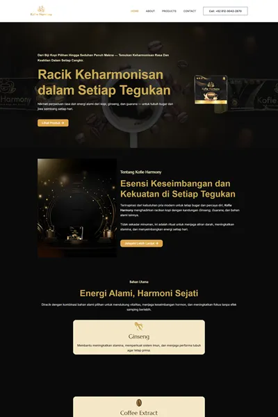 Tangkapan layar website company profile medium dengan domain kofieharmony.id yang pernah dibuat oleh PT Nextgen Inovasi Indonesia