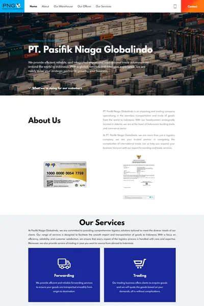 Tangkapan layar website company profile basic dengan domain pasifikniagaglobalindo.com yang pernah dibuat oleh PT Nextgen Inovasi Indonesia