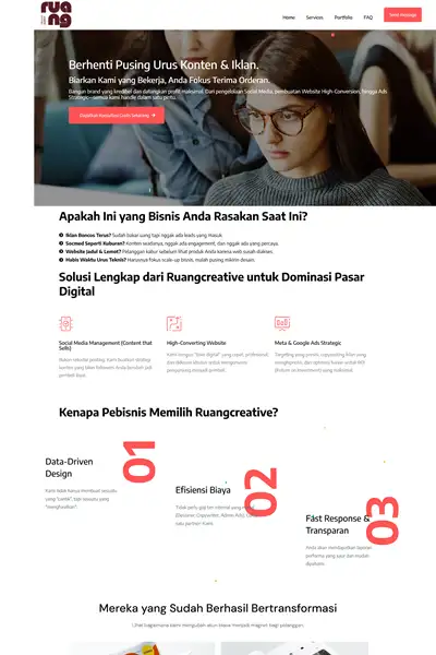 Tangkapan layar website company profile basic dengan domain ruangcreative.id yang pernah dibuat oleh PT Nextgen Inovasi Indonesia.