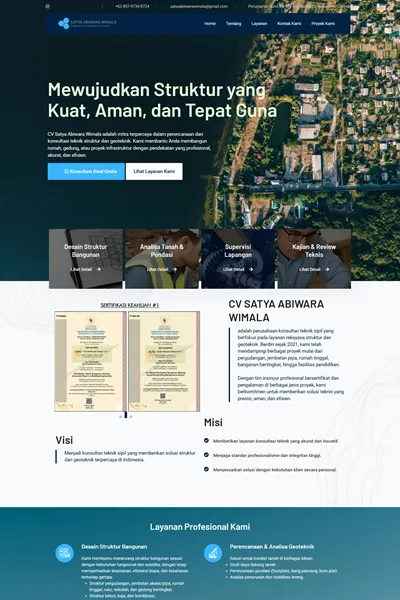 Tangkapan layar website company profile basic dengan domain satyaabiwarawimala.com yang pernah dibuat oleh PT Nextgen Inovasi Indonesia